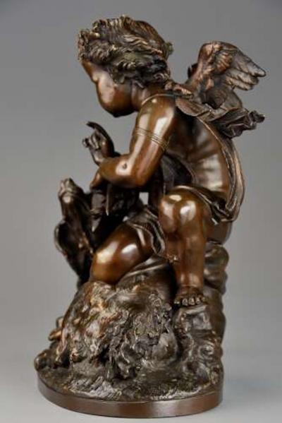 Charming late 19thC fine quality French bronze of a winged putto and spaniel dog