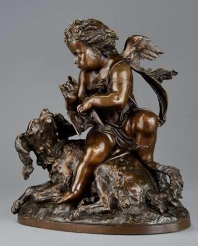 Charming late 19thC fine quality French bronze of a winged putto and spaniel dog
