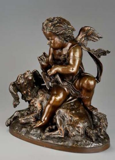 Charming late 19thC fine quality French bronze of a winged putto and spaniel dog