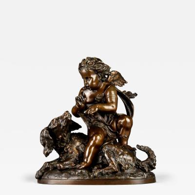 Charming late 19thC fine quality French bronze of a winged putto and spaniel dog