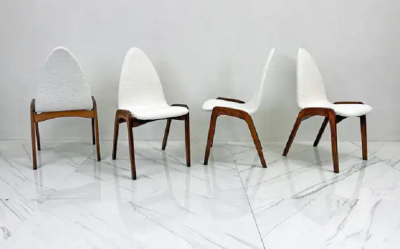 Chet Beardsley Set of 4 Mid Century Walnut Dining Chairs By Chet Beardsley in White Boucle