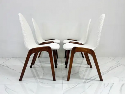 Chet Beardsley Set of 4 Mid Century Walnut Dining Chairs By Chet Beardsley in White Boucle