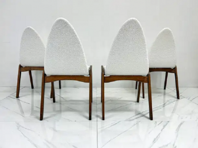 Chet Beardsley Set of 4 Mid Century Walnut Dining Chairs By Chet Beardsley in White Boucle