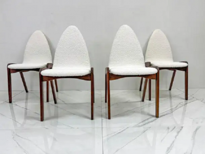 Chet Beardsley Set of 4 Mid Century Walnut Dining Chairs By Chet Beardsley in White Boucle