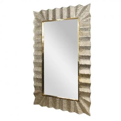 Chevron Pattern Silver leafed Murano Glass Mirror with Brass Details