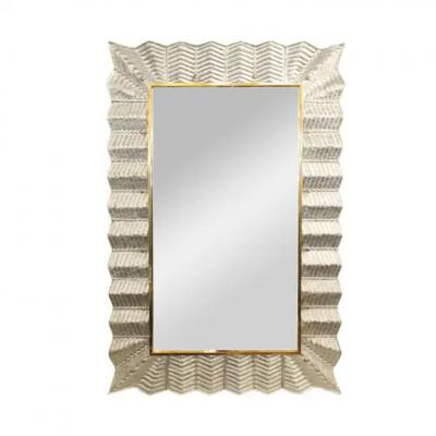 Chevron Pattern Silver leafed Murano Glass Mirror with Brass Details