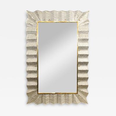 Chevron Pattern Silver leafed Murano Glass Mirror with Brass Details