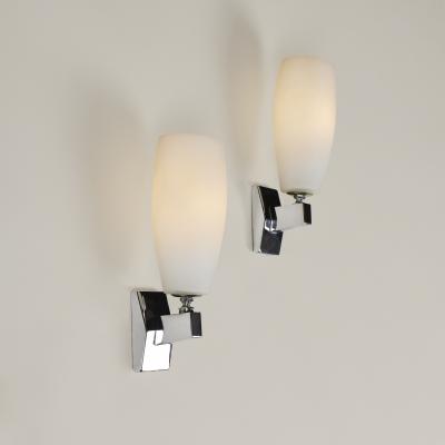 Chic Pair of Italian 1960s chrome and white glass wall lights