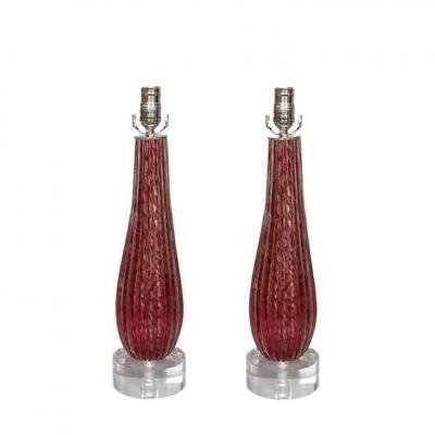 Chic Pair of Ruby Red Murano Rigadin Glass Lamps