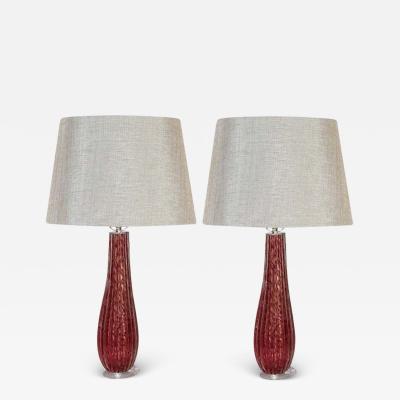 Chic Pair of Ruby Red Murano Rigadin Glass Lamps