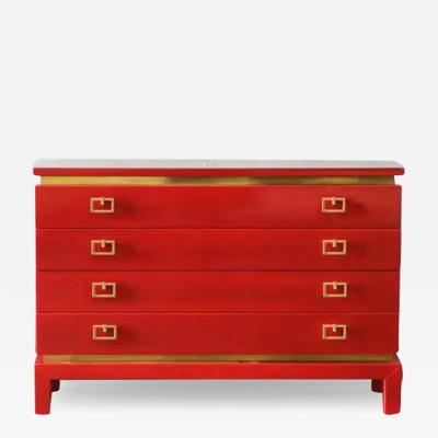 China Red Chest Of Drawers With Brass Details From The 1970s Lacquered Series