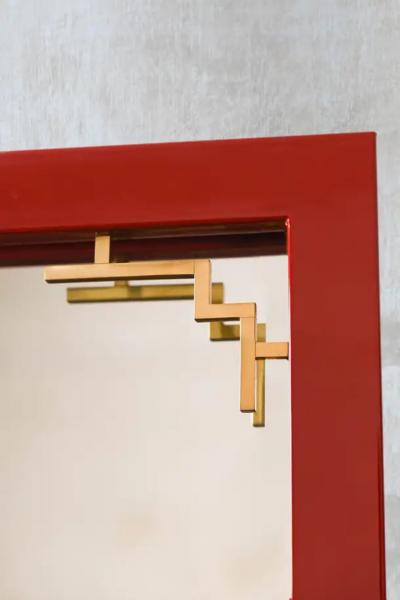 China Red Mirror With Brass Details From The 1970s Lacquered Series