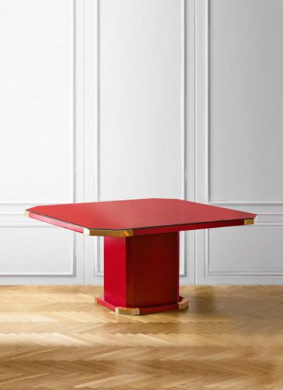 China red lacquered hexagonal table with brass details and cut crystal shelf