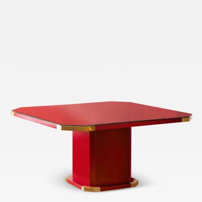China red lacquered hexagonal table with brass details and cut crystal shelf
