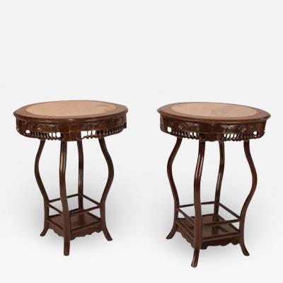 Chinese 1890s Hong Mu and Marble Round Tables a Pair