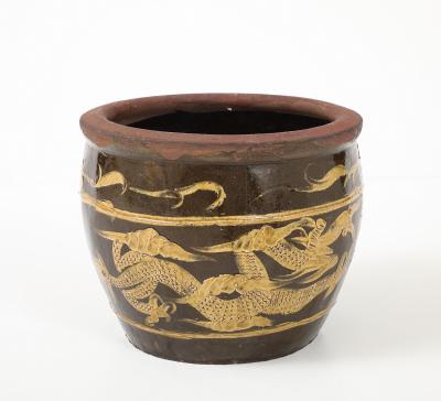 Chinese Art Deco Carved Glazed Dragon Jardiniere