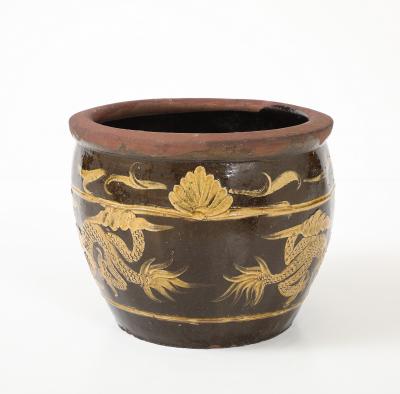Chinese Art Deco Carved Glazed Dragon Jardiniere