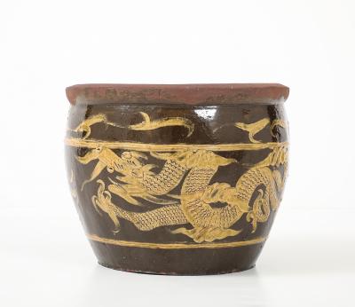 Chinese Art Deco Carved Glazed Dragon Jardiniere