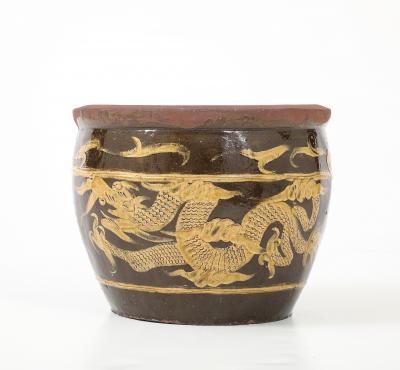 Chinese Art Deco Carved Glazed Dragon Jardiniere