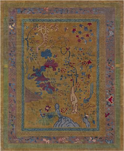 Chinese Art Deco Handmade Wool Rug in Blue Gold Green and Purple