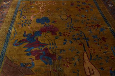 Chinese Art Deco Handmade Wool Rug in Blue Gold Green and Purple