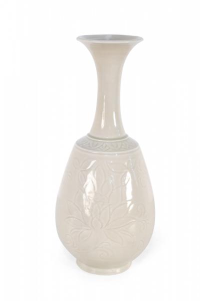 Chinese Beige Carved Floral Pattern Porcelain Vase