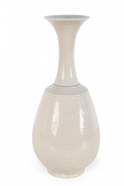 Chinese Beige Carved Floral Pattern Porcelain Vase