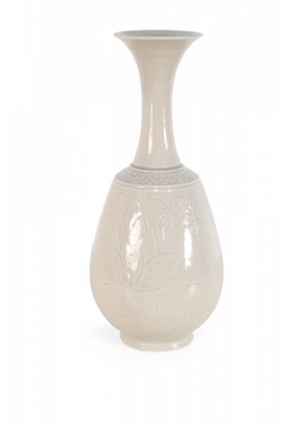 Chinese Beige Carved Floral Pattern Porcelain Vase
