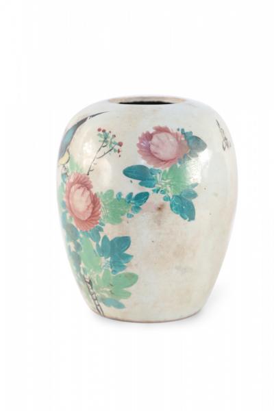 Chinese Beige and Green Botanical Motif Rounded Porcelain Vase