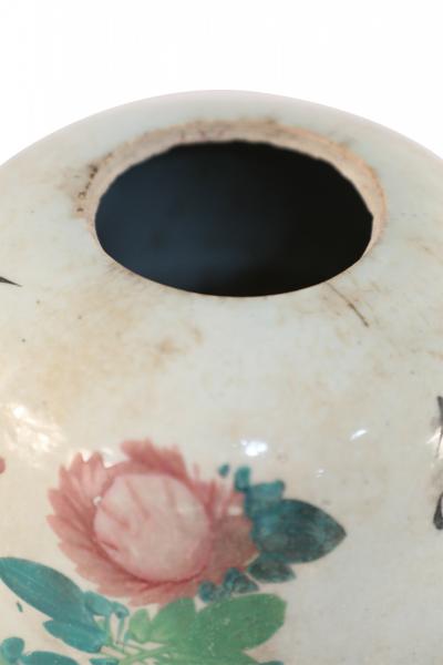Chinese Beige and Green Botanical Motif Rounded Porcelain Vase