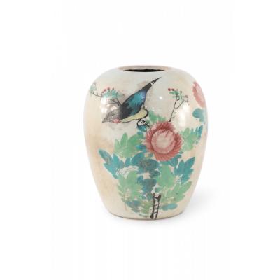 Chinese Beige and Green Botanical Motif Rounded Porcelain Vase