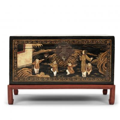 Chinese Black Leather Gilded Chest on Stand