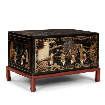 Chinese Black Leather Gilded Chest on Stand