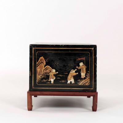 Chinese Black Leather Gilded Chest on Stand