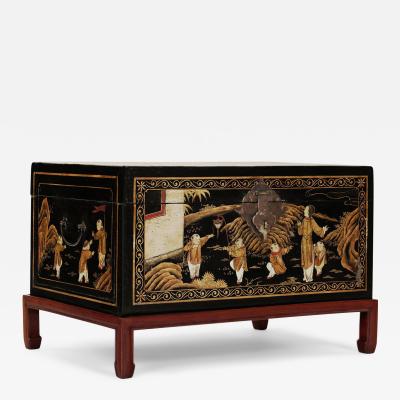 Chinese Black Leather Gilded Chest on Stand