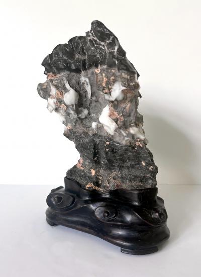 Chinese Black Lingbi Scholar Stone with White Crystal on Display Stand