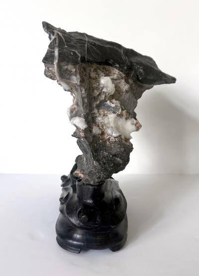 Chinese Black Lingbi Scholar Stone with White Crystal on Display Stand