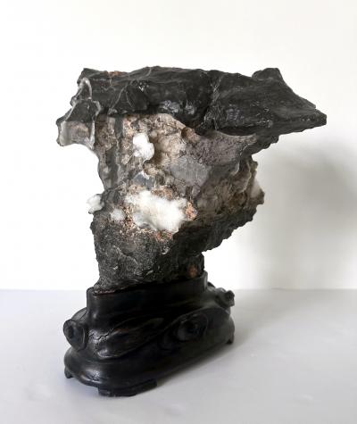 Chinese Black Lingbi Scholar Stone with White Crystal on Display Stand