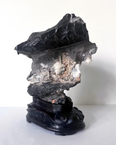 Chinese Black Lingbi Scholar Stone with White Crystal on Display Stand