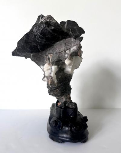 Chinese Black Lingbi Scholar Stone with White Crystal on Display Stand