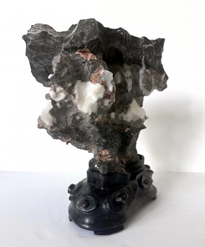 Chinese Black Lingbi Scholar Stone with White Crystal on Display Stand