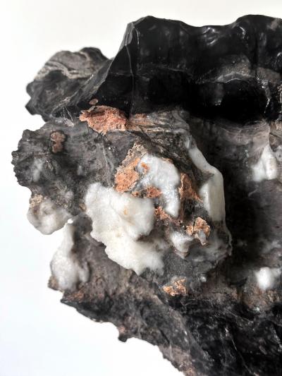 Chinese Black Lingbi Scholar Stone with White Crystal on Display Stand