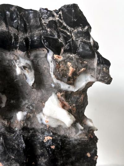 Chinese Black Lingbi Scholar Stone with White Crystal on Display Stand