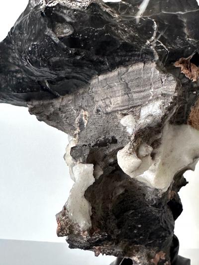 Chinese Black Lingbi Scholar Stone with White Crystal on Display Stand