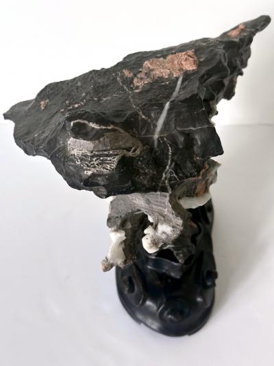 Chinese Black Lingbi Scholar Stone with White Crystal on Display Stand