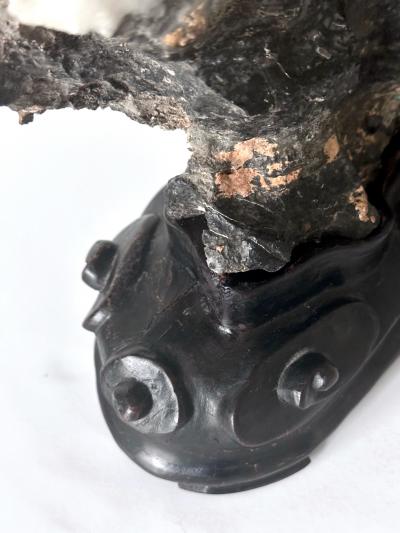 Chinese Black Lingbi Scholar Stone with White Crystal on Display Stand