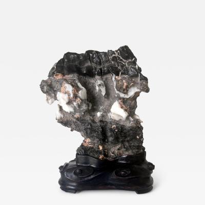 Chinese Black Lingbi Scholar Stone with White Crystal on Display Stand