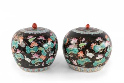 Chinese Black Nature Scene Motif Lidded Vases