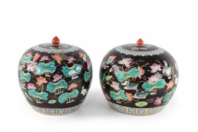 Chinese Black Nature Scene Motif Lidded Vases
