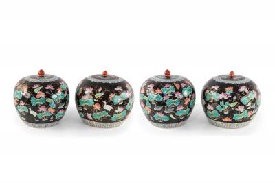 Chinese Black Nature Scene Motif Lidded Vases